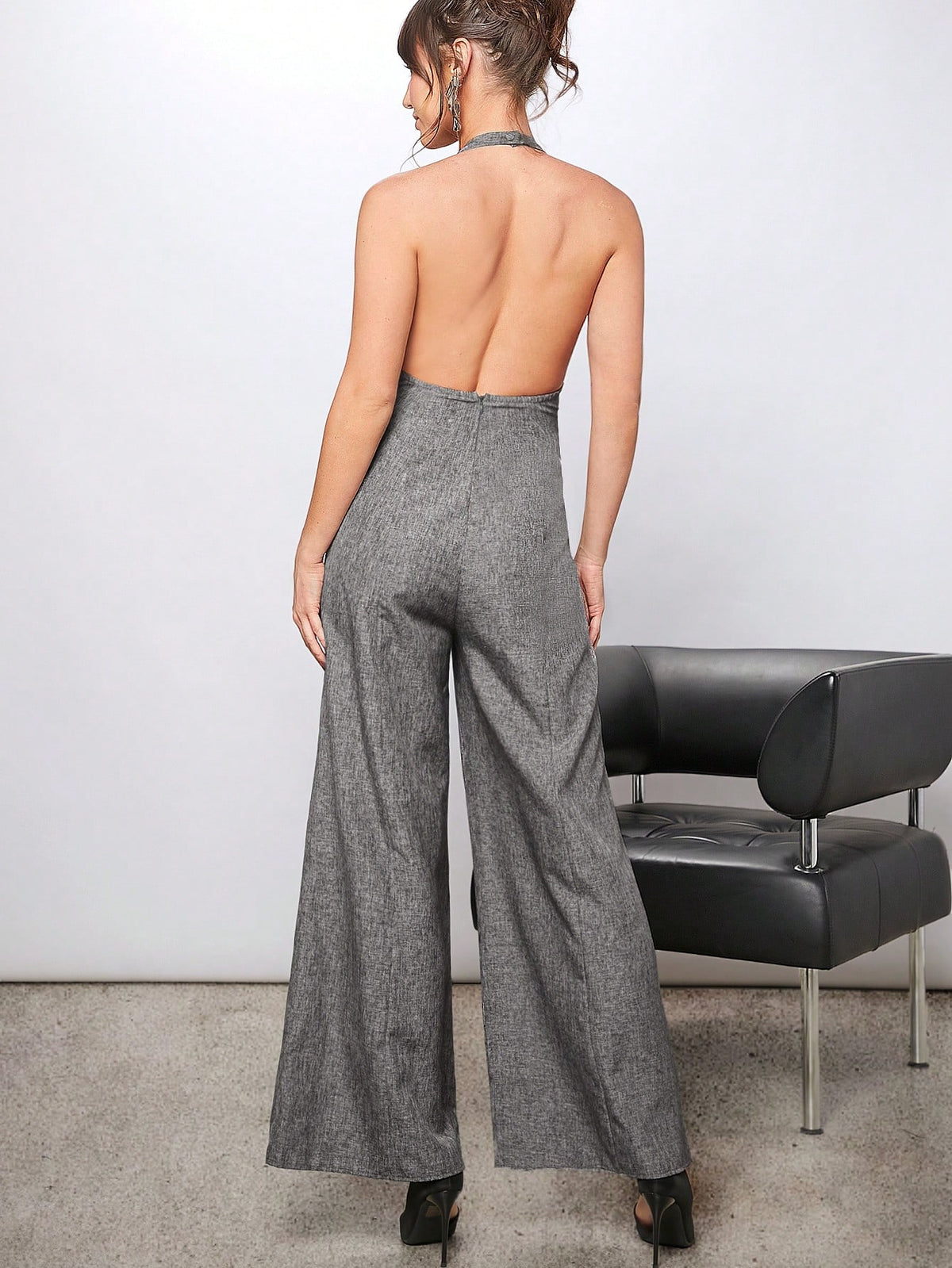 Luxe Plunging Neck Halter Wide Leg Jumpsuit
