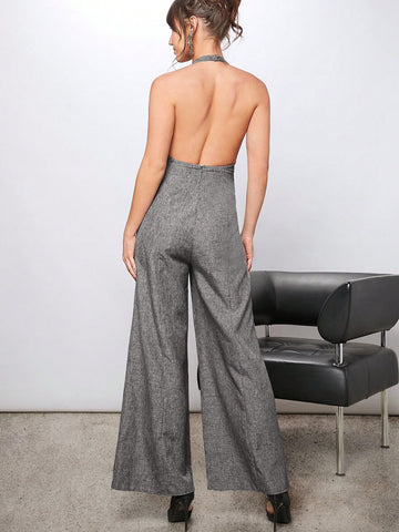 Luxe Plunging Neck Halter Wide Leg Jumpsuit