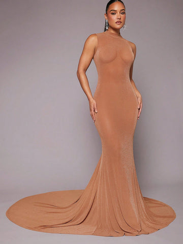 BAE Mock Neck Mermaid Hem Floor Length Dress