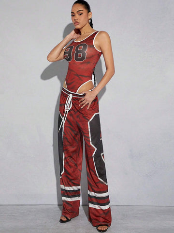 EZwear Sport Graphic Textured Wide Leg Pants