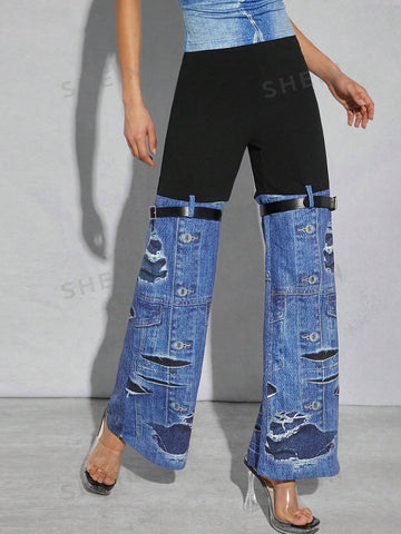ICON Colorblock Buckle Denim-Effect Pants