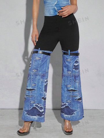 ICON Colorblock Buckle Denim-Effect Pants