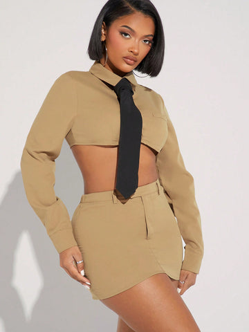 Luxe Tie Neck Crop Shirt & Mini Skirt Set