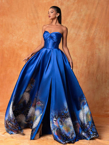Luxury Elegant Long Printed Strapless Dress With Twist Knot Detailing, High Slit Formal Evening Gown