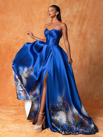 Luxury Elegant Long Printed Strapless Dress With Twist Knot Detailing, High Slit Formal Evening Gown