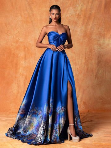 Luxury Elegant Long Printed Strapless Dress With Twist Knot Detailing, High Slit Formal Evening Gown