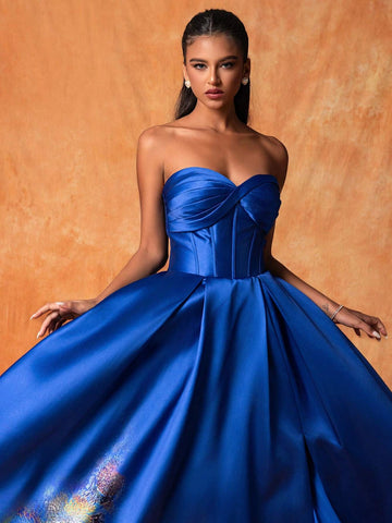 Luxury Elegant Long Printed Strapless Dress With Twist Knot Detailing, High Slit Formal Evening Gown