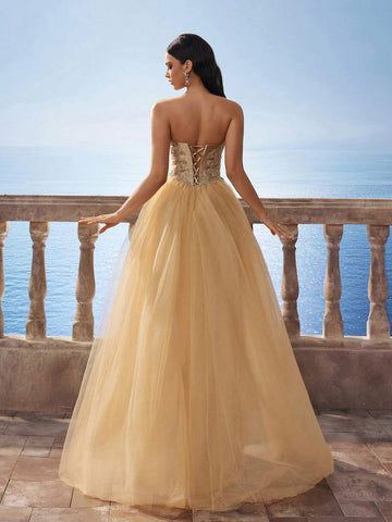 Luxury Gold Cinched Waist Mesh Maxi Ball Gown Bridesmaids Dress For Women