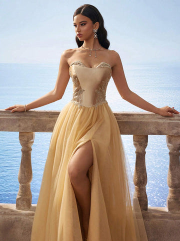 Luxury Gold Cinched Waist Mesh Maxi Ball Gown Bridesmaids Dress For Women