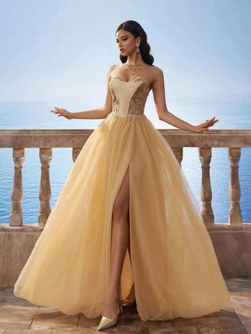 Luxury Gold Cinched Waist Mesh Maxi Ball Gown Bridesmaids Dress For Women