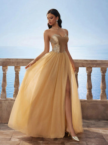 Luxury Gold Cinched Waist Mesh Maxi Ball Gown Bridesmaids Dress For Women