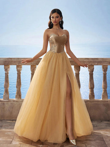 Luxury Gold Cinched Waist Mesh Maxi Ball Gown Bridesmaids Dress For Women