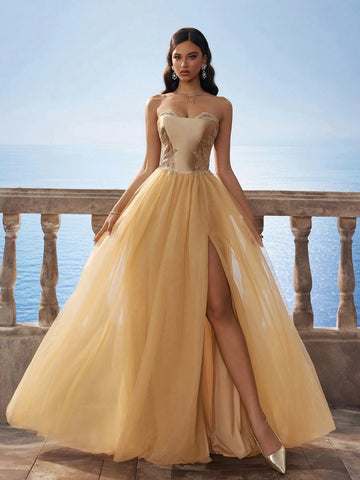 Luxury Gold Cinched Waist Mesh Maxi Ball Gown Bridesmaids Dress For Women