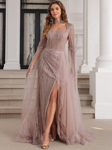 Luxury Hand Beading Dubai Formal Evening Dresses With Long Sleeves For Women Pageant Dress With High Slit Mermaid Style