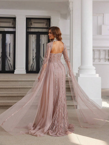 Luxury Hand Beading Dubai Formal Evening Dresses With Long Sleeves For Women Pageant Dress With High Slit Mermaid Style