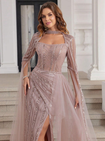 Luxury Hand Beading Dubai Formal Evening Dresses With Long Sleeves For Women Pageant Dress With High Slit Mermaid Style