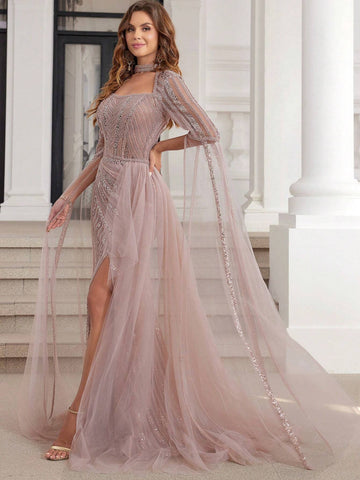 Luxury Hand Beading Dubai Formal Evening Dresses With Long Sleeves For Women Pageant Dress With High Slit Mermaid Style