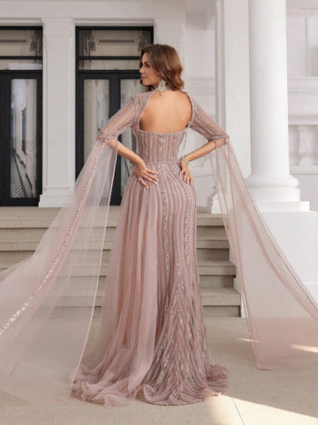 Luxury Hand Beading Dubai Formal Evening Dresses With Long Sleeves For Women Pageant Dress With High Slit Mermaid Style