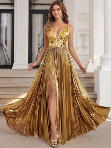 Luxury Metallic Pleated Formal Evening Gown With Glass Cut Bodice Top Luxury Gold V-Neckline Prom Dresses With Slit