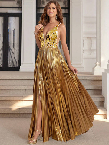 Luxury Metallic Pleated Formal Evening Gown With Glass Cut Bodice Top Luxury Gold V-Neckline Prom Dresses With Slit