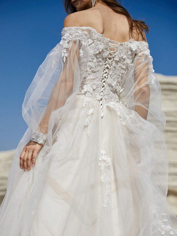Luxury Off Shoulder 3D Lace Wedding Dresses For Women Deep V-Neck Long Puffy Sleeves Ball Gown Ivory Bridal Gown With Light Chapagne Lining Lace Up Back