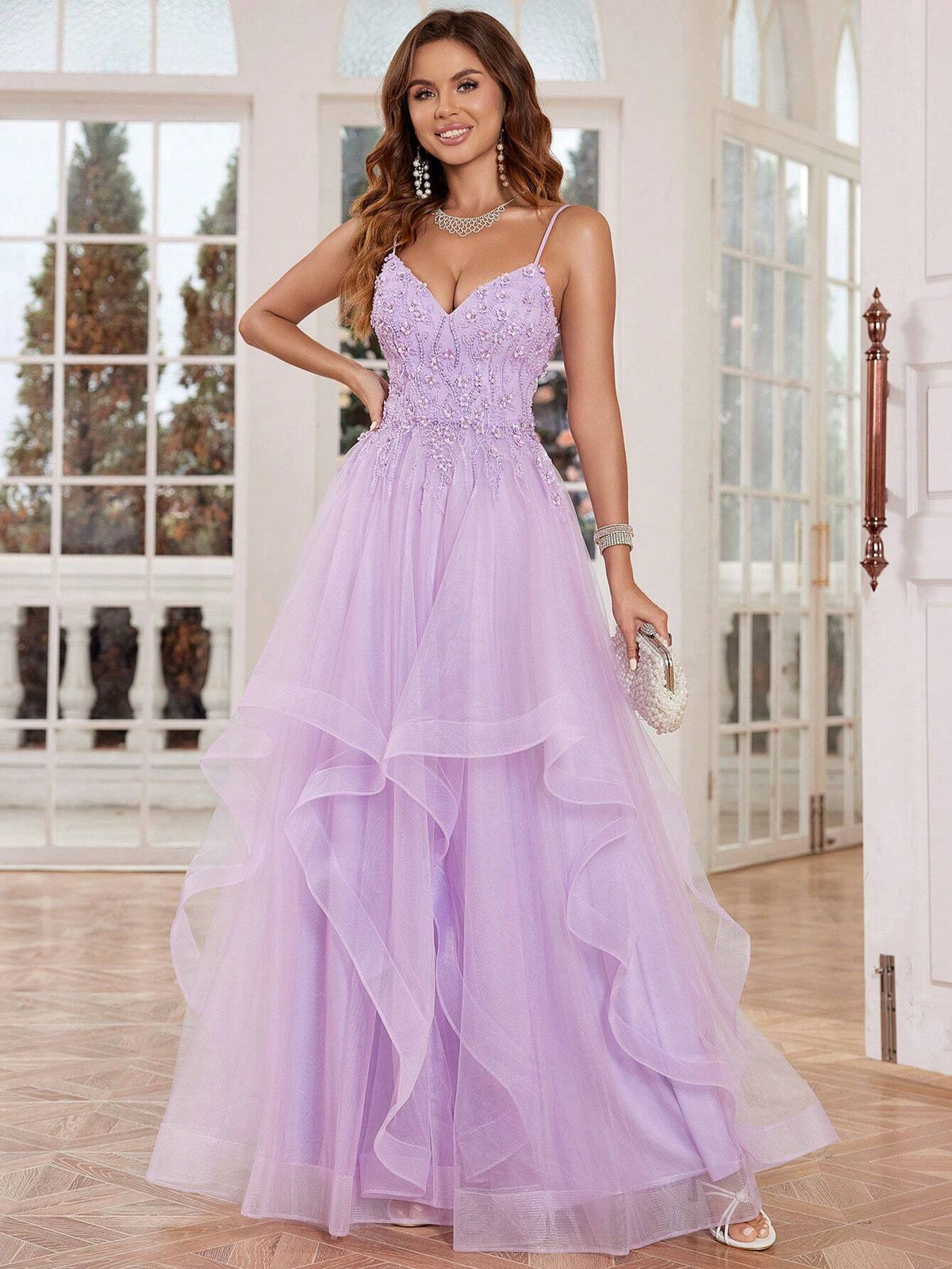 Luxury Pink Lace Prom Dresses Long With Puffy Skirt Ball Gown Hand Beading Formal Evening Gowns