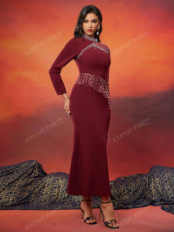 Luxury Sequined Scaly Pattern Maxi Banquet Dress With Faux Pearls For Women (Heavily Embellished)