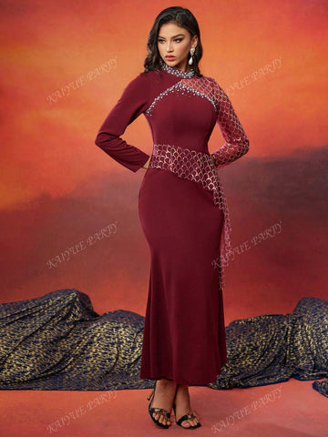 Luxury Sequined Scaly Pattern Maxi Banquet Dress With Faux Pearls For Women (Heavily Embellished)