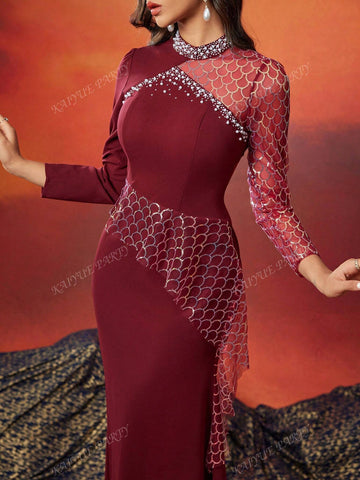 Luxury Sequined Scaly Pattern Maxi Banquet Dress With Faux Pearls For Women (Heavily Embellished)