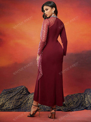 Luxury Sequined Scaly Pattern Maxi Banquet Dress With Faux Pearls For Women (Heavily Embellished)