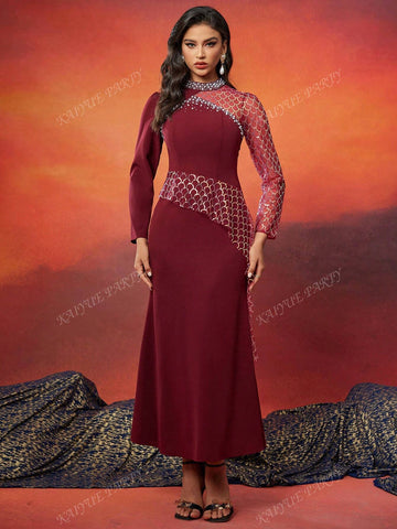 Luxury Sequined Scaly Pattern Maxi Banquet Dress With Faux Pearls For Women (Heavily Embellished)