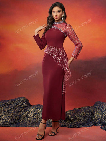 Luxury Sequined Scaly Pattern Maxi Banquet Dress With Faux Pearls For Women (Heavily Embellished)