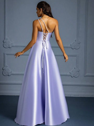Luxury Smooth Satin Evening Gown With Flared Hem For Formal Party, Catwalk Show