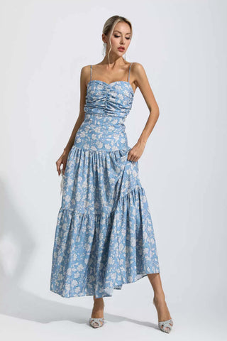 Lyra Blue Floral Ruched Slip Maxi Dress