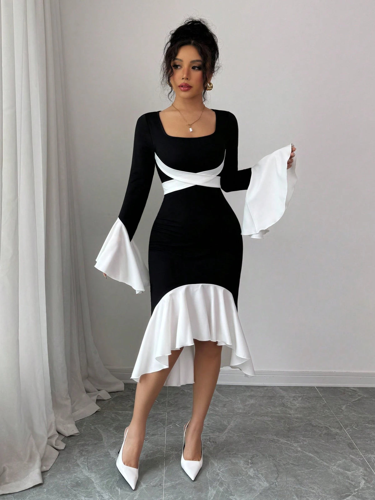 Lyxana Women's Color Block Patchwork Long Sleeve Casual Fitted Midi Dress