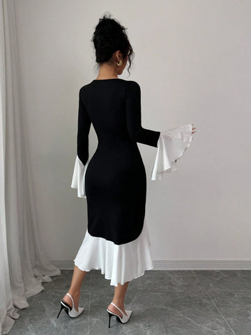 Lyxana Women's Color Block Patchwork Long Sleeve Casual Fitted Midi Dress