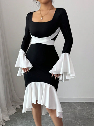 Lyxana Women's Color Block Patchwork Long Sleeve Casual Fitted Midi Dress