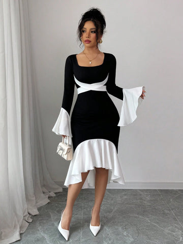 Lyxana Women's Color Block Patchwork Long Sleeve Casual Fitted Midi Dress