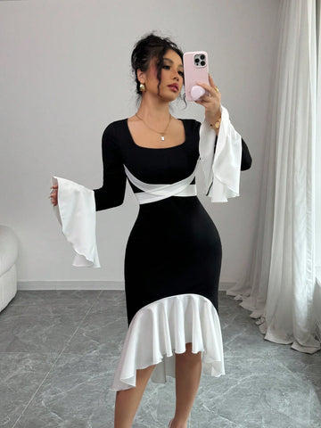 Lyxana Women's Color Block Patchwork Long Sleeve Casual Fitted Midi Dress