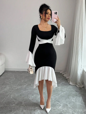 Lyxana Women's Color Block Patchwork Long Sleeve Casual Fitted Midi Dress