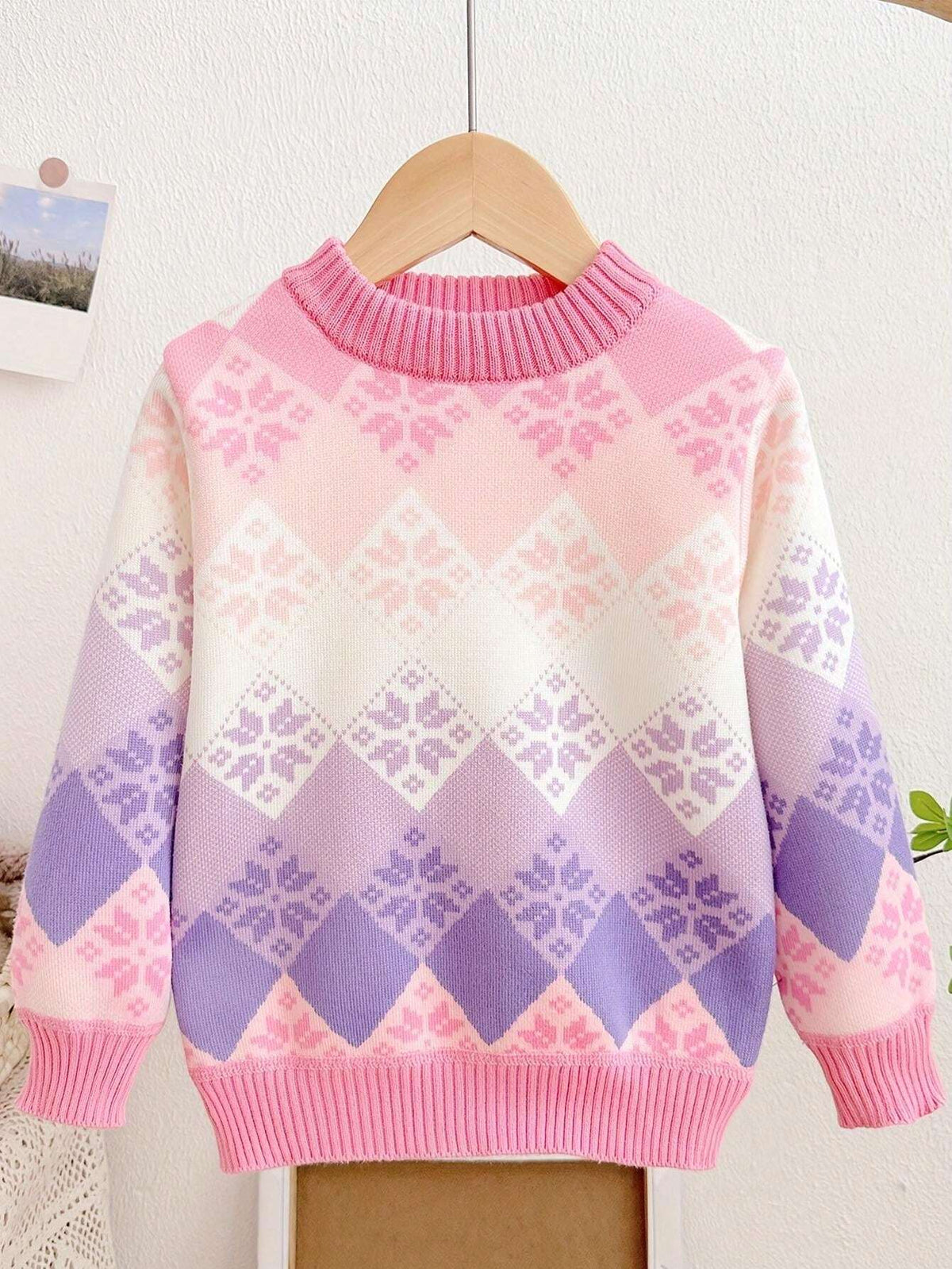 New Autumn/Winter Young Girl Sweater, Fashion Warm Top, Snowflake & Diamond Print Girls Sweater, Round Neck Knitted Pullover For Young Girl