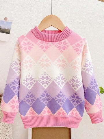 New Autumn/Winter Young Girl Sweater, Fashion Warm Top, Snowflake & Diamond Print Girls Sweater, Round Neck Knitted Pullover For Young Girl