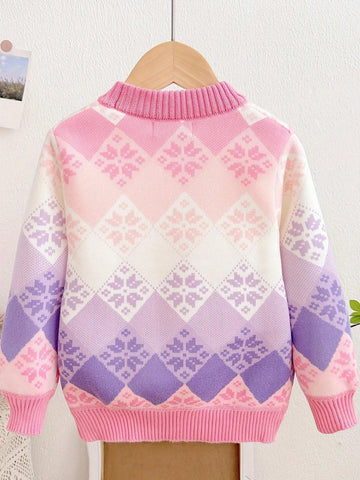New Autumn/Winter Young Girl Sweater, Fashion Warm Top, Snowflake & Diamond Print Girls Sweater, Round Neck Knitted Pullover For Young Girl