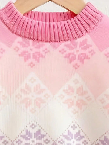 New Autumn/Winter Young Girl Sweater, Fashion Warm Top, Snowflake & Diamond Print Girls Sweater, Round Neck Knitted Pullover For Young Girl