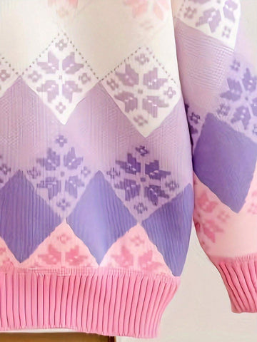 New Autumn/Winter Young Girl Sweater, Fashion Warm Top, Snowflake & Diamond Print Girls Sweater, Round Neck Knitted Pullover For Young Girl