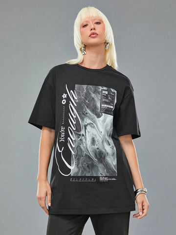 Women's Casual Letter Print Round Neck Dropped Shoulder Loose T-Shirt, Summer Designer