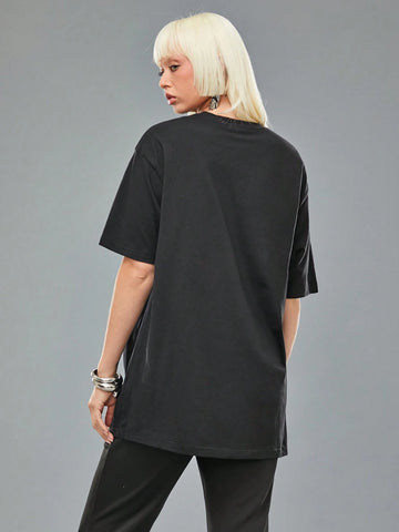 Women's Casual Letter Print Round Neck Dropped Shoulder Loose T-Shirt, Summer Designer