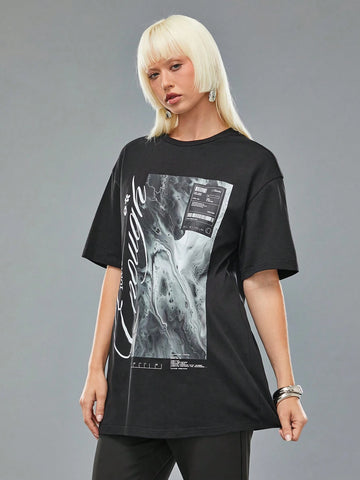 Women's Casual Letter Print Round Neck Dropped Shoulder Loose T-Shirt, Summer Designer