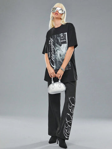 Women's Casual Letter Print Round Neck Dropped Shoulder Loose T-Shirt, Summer Designer