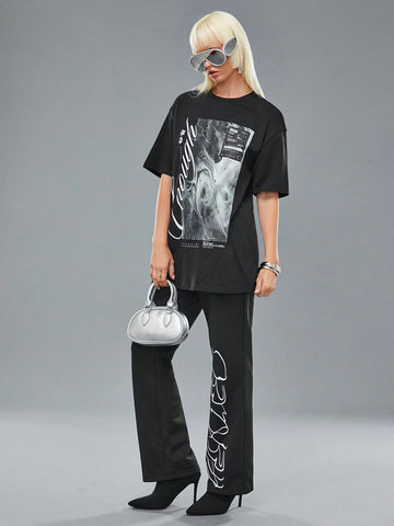 Women's Casual Letter Print Round Neck Dropped Shoulder Loose T-Shirt, Summer Designer